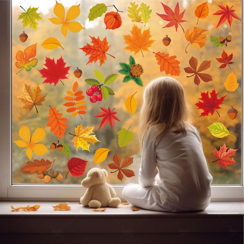 DothRayan Fall Window Clings, 9 Sheets Autumn Maple Leaf Window Decals Clings for Glass Windows Thanksgiving Decorations - Image 2